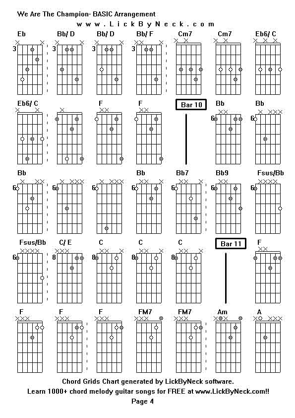 Chord Grids Chart of chord melody fingerstyle guitar song-We Are The Champion- BASIC Arrangement,generated by LickByNeck software.